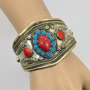 Vintage Afghan Bracelet Middle Eastern Red Jasper Blue Turquoise Composite Stone